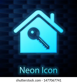 Glowing neon House with key icon isolated on brick wall background. The concept of the house turnkey.  Vector Illustration