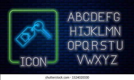 Glowing neon House with key icon isolated on brick wall background. The concept of the house turnkey. Neon light alphabet. Vector Illustration