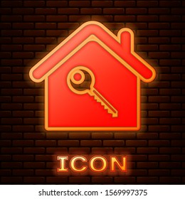 Glowing neon House with key icon isolated on brick wall background. The concept of the house turnkey.  Vector Illustration