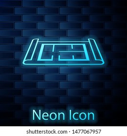 Glowing neon House plan icon isolated on brick wall background.  Vector Illustration