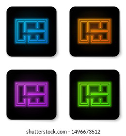 Glowing neon House plan icon isolated on white background. Black square button. Vector Illustration