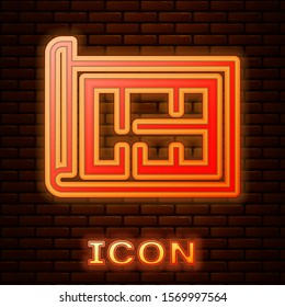 Glowing neon House plan icon isolated on brick wall background.  Vector Illustration