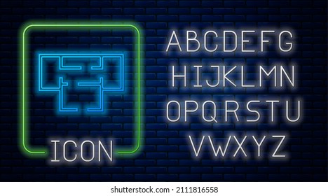 Glowing neon House plan icon isolated on brick wall background. Neon light alphabet. Vector