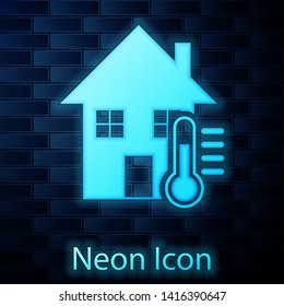 Glowing neon House temperature icon isolated on brick wall background. Thermometer icon. Vector Illustration