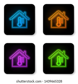 Glowing neon House temperature icon isolated on white background. Thermometer icon. Black square button. Vector Illustration