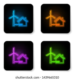 Glowing neon House with wind turbine for electric energy generation icon isolated on white background. Eco-friendly house. Environmental Protection. Black square button. Vector Illustration