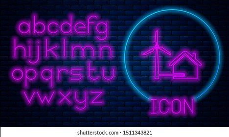 Glowing neon House with wind turbine for electric energy generation icon isolated on brick wall background. Eco-friendly house. Environmental Protection. Neon light alphabet. Vector Illustration