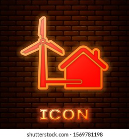 Glowing neon House with wind turbine for electric energy generation icon isolated on brick wall background. Eco-friendly house. Environmental Protection.  Vector Illustration