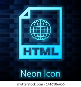 Glowing neon HTML file document icon. Download html button icon isolated on brick wall background. HTML file symbol. Markup language symbol. Vector Illustration