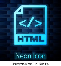 Glowing neon HTML file document icon. Download html button icon isolated on brick wall background. HTML file symbol. Markup language symbol. Vector Illustration