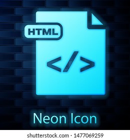 Glowing neon HTML file document. Download html button icon isolated on brick wall background. HTML file symbol. Markup language symbol.  Vector Illustration