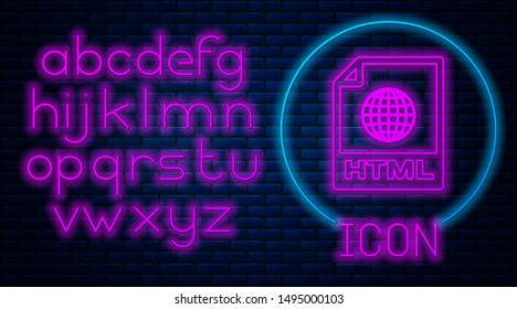 Glowing neon HTML file document. Download html button icon isolated on brick wall background. HTML file symbol. Markup language symbol. Neon light alphabet. Vector Illustration