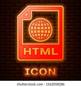Glowing neon HTML file document. Download html button icon isolated on brick wall background. HTML file symbol. Markup language symbol.  Vector Illustration