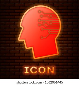 Glowing neon Human brain as digital circuit board icon isolated on brick wall background. Artificial Intelligence. Human head outline with circuit lines inside.  Vector Illustration