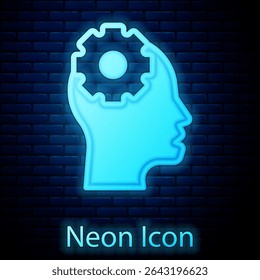 Glowing neon Human head with gear inside icon isolated on brick wall background. Artificial intelligence. Thinking brain. Symbol work of brain.  Vector