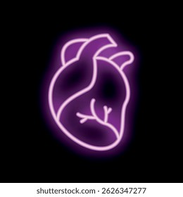 Glowing neon human heart sign with a black background