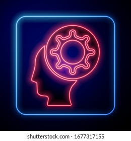 Glowing neon Human and virus icon isolated on blue background. Corona virus 2019-nCoV. Bacteria and germs, cell cancer, microbe, fungi.  Vector Illustration