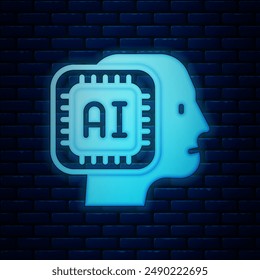 Glowing neon Humanoid robot icon isolated on brick wall background. Artificial intelligence, machine learning, cloud computing.  Vector