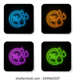 Glowing neon Humidity icon isolated on white background. Weather and meteorology, thermometer symbol. Black square button. Vector Illustration