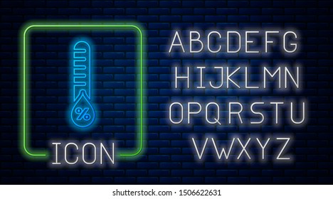 Glowing neon Humidity icon isolated on brick wall background. Weather and meteorology, thermometer symbol. Neon light alphabet. Vector Illustration