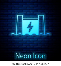 Glowing neon Hydroelectric dam icon isolated on brick wall background. Water energy plant. Hydropower. Hydroelectricity.  Vector