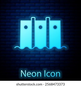Glowing neon Hydroelectric dam icon isolated on brick wall background. Water energy plant. Hydropower. Hydroelectricity.  Vector