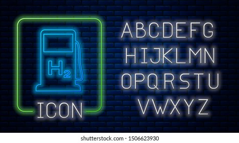 Glowing neon Hydrogen filling station icon isolated on brick wall background. H2 station sign. Neon light alphabet. Vector Illustration