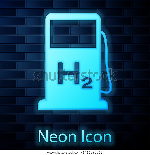 Glowing\
neon Hydrogen filling station icon isolated on brick wall\
background. H2 station sign. Vector\
Illustration