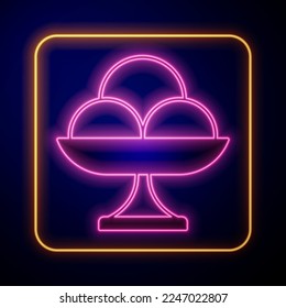 Glowing neon Ice cream in the bowl icon isolated on black background. Sweet symbol.  Vector