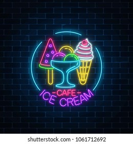 Glowing neon ice cream cafe signboard in circle frame on dark brick wall background. Fruit cone and watermelon ice-cream