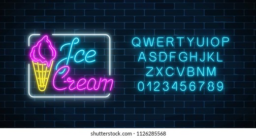 Glowing neon ice cream cafe signboard with alphabet on dark brick wall background. Fruit ice-cream in waffle cone. City neon advertising street sign. Vector illustration.
