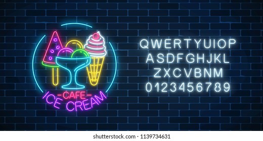 Glowing neon ice cream cafe signboard with alphabet and three kinds of ice cream on dark brick wall background. Fruit ice-cream in waffle cone. City neon advertising street sign. Vector illustration.