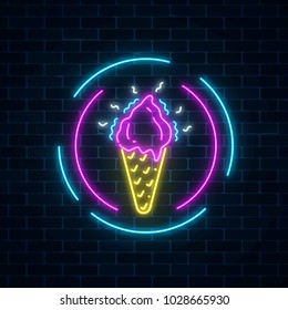 Glowing neon ice cream cone signboard in circle frames on dark brick wall background. Fruit ice-cream in waffle cone. City neon advertising street sign. Vector illustration.