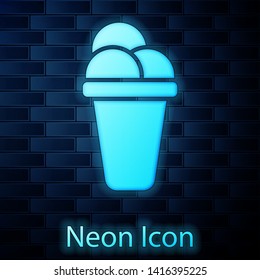 Glowing neon Ice cream icon isolated on brick wall background. Sweet symbol. Vector Illustration