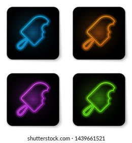 Glowing neon Ice cream icon isolated on white background. Sweet symbol. Black square button. Vector Illustration