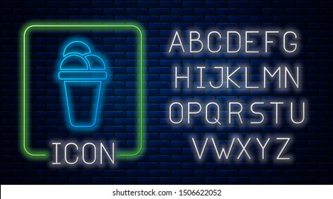Glowing neon Ice cream icon isolated on brick wall background. Sweet symbol. Neon light alphabet. Vector Illustration