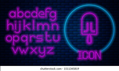 Glowing neon Ice cream icon isolated on brick wall background. Sweet symbol. Neon light alphabet. Vector Illustration