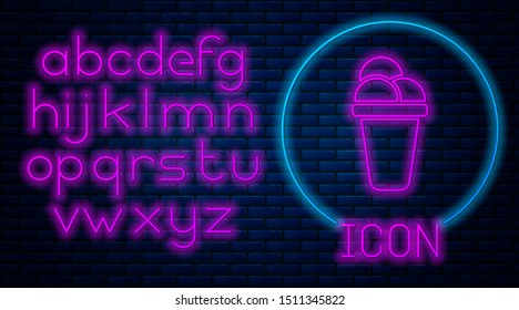 Glowing neon Ice cream icon isolated on brick wall background. Sweet symbol. Neon light alphabet. Vector Illustration