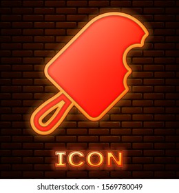 Glowing neon Ice cream icon isolated on brick wall background. Sweet symbol.  Vector Illustration