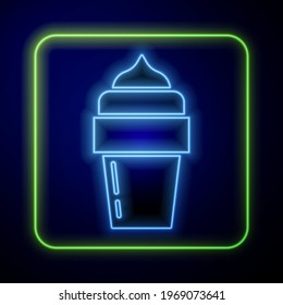 Glowing neon Ice cream icon isolated on blue background. Sweet symbol.  Vector