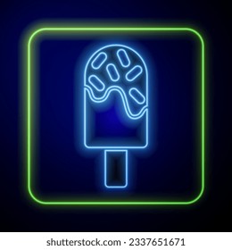 Glowing neon Ice cream icon isolated on blue background. Sweet symbol.  Vector