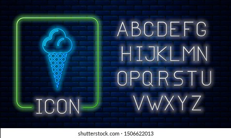 Glowing neon Ice cream in waffle cone icon isolated on brick wall background. Sweet symbol. Neon light alphabet. Vector Illustration