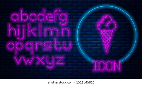 Glowing neon Ice cream in waffle cone icon isolated on brick wall background. Sweet symbol. Neon light alphabet. Vector Illustration