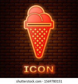 Glowing neon Ice cream in waffle cone icon isolated on brick wall background. Sweet symbol.  Vector Illustration