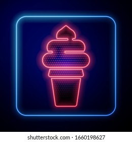 Glowing neon Ice cream in waffle cone icon isolated on blue background. Sweet symbol.  Vector Illustration