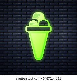Glowing neon Ice cream in waffle cone icon isolated on brick wall background. Sweet symbol.  Vector