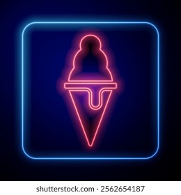 Glowing neon Ice cream in waffle cone icon isolated on black background. Sweet symbol.  Vector