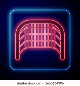 Glowing Neon Ice Hockey Goal With Net For Goalkeeper Icon Isolated On Blue Background.  Vector Illustration