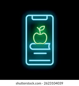 Glowing neon icon of an apple sitting on a book displayed on a smartphone screen, representing online education
