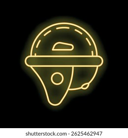 Glowing neon icon of an astronaut helmet, shining yellow against a dark background